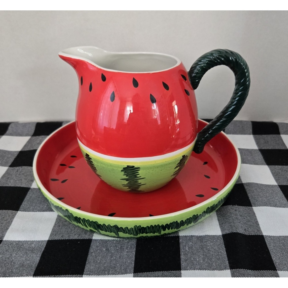Darmaw Glossy Watermelon Themed Ceramic Large Shallow Bowl & Pitcher